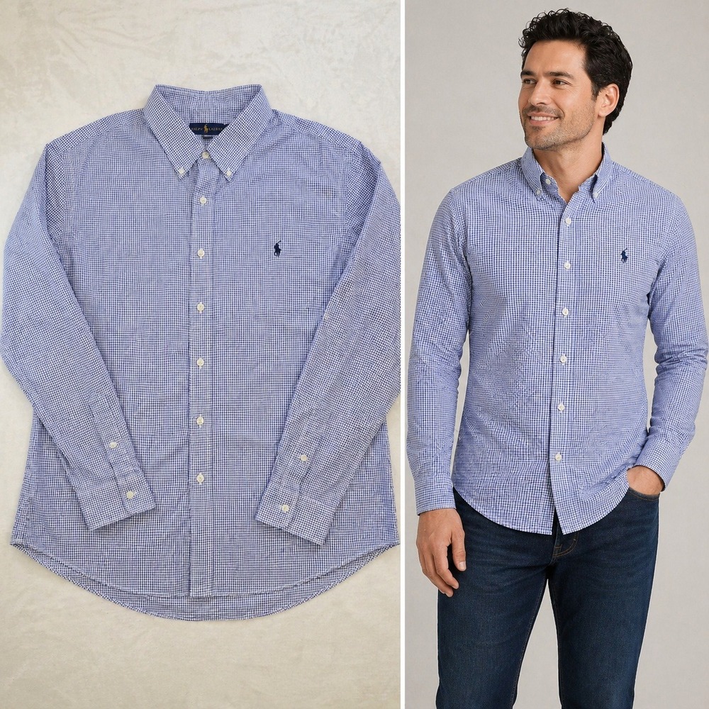 Ralph Lauren Mens XXL Slim Fit Gingham Check Cotton Stretch Shirt Blue White NWT